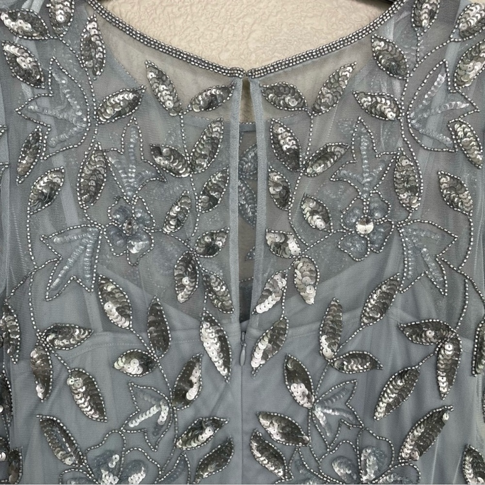 Adrianna Papell Size 16 Short Sleeve Beaded Floral Dress Illusion Neckline - Picture 4 of 8